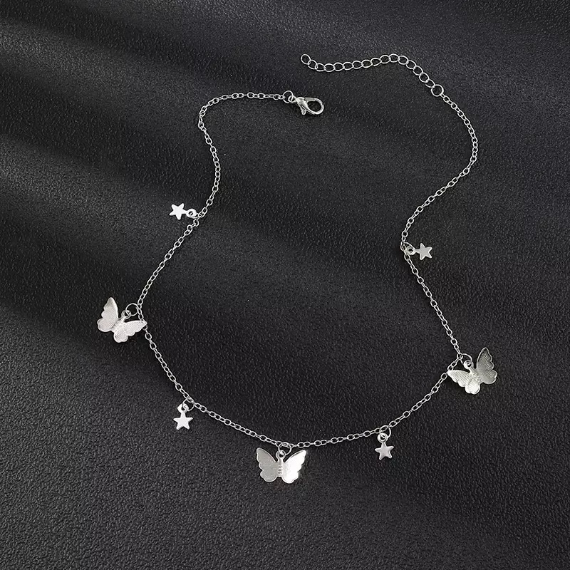 Colar Chocker Borboletas Estrelas Prateado Detalhes