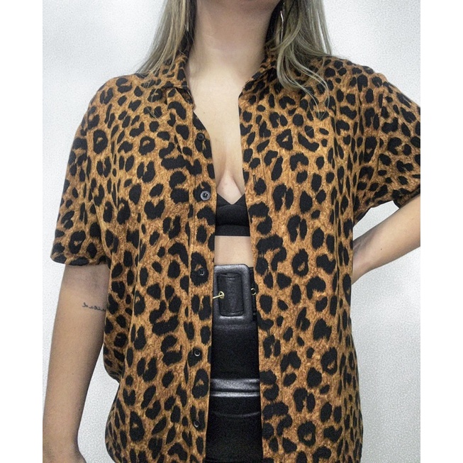 Realm Pakistan curb Camisa de Onça De Botão Oncinha Animal Print Feminino Unissex | Shopee  Brasil