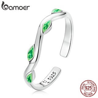 Bamoer Anel Folha Verde Prata 925 Tamanho Ajustável Para Mulheres Moda Jóias SCR808