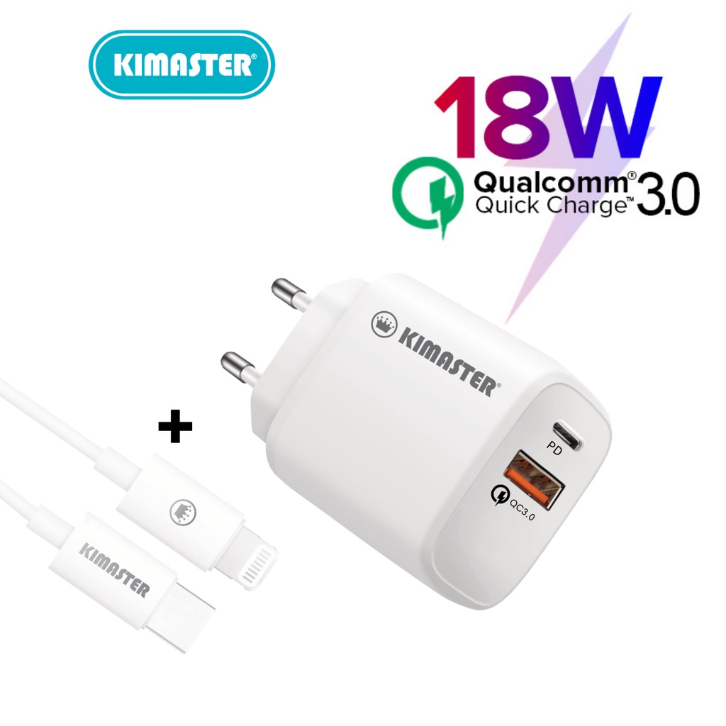 KIT Cabo Carregador Kimaster Tomada PD 20W Turbo Real Carga Rápida Lightning usb-c