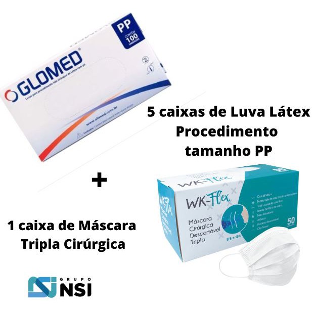 Kit 5 Caixas Luva Látex Procedimento Glomed tam PP 1 Caixa c 50 un Máscara Tripla Shopee