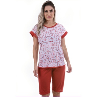 Pijama Pescador Manga Japonesa de Malha Estampado Feminino Adulto Meia Estação Preço Bom Qualidade e Conforto
