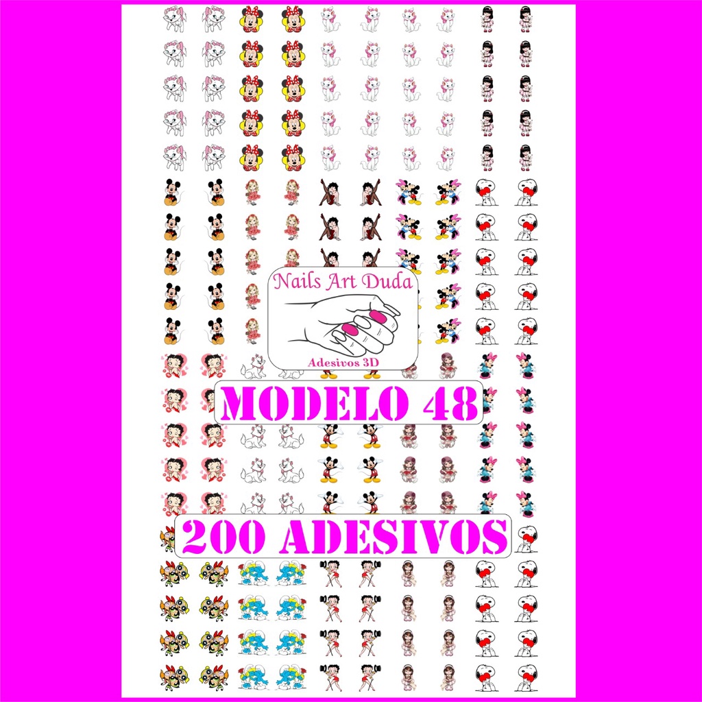 200 adesivos de unha 3D PRÉ PRONTO infantil betty boop snoopy meninas super poderosas smurfs para criança - modelo 48