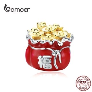 Bamoer Símbolo Da Sorte Vermelho Saco De Contas De Metal Para Fazer Jóias 925 Sterling Silver Esmalte Charme Fit Pulseira Original Bsc100
