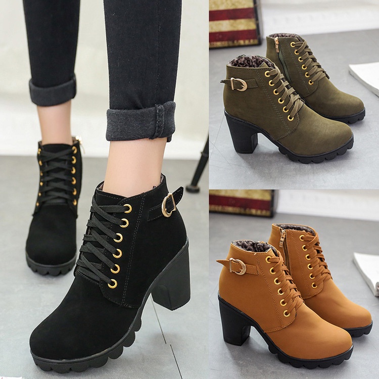 Outono de salto alto único botas fivela de cinto sapatos femininos de salto grosso botas curtas dedo do pé redondo Marti