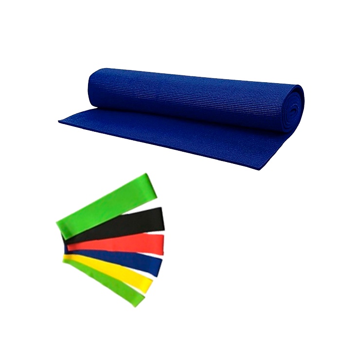 Kit Funcional Treinar em Casa C/ Tapete Yoga Azul + kit mini band com 5 Tradicional
