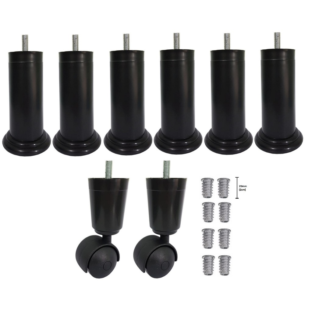 Kit 8 Pé Cama Box Preto Plástico 6 Fixo  2 Rodinha rodizio Rosca 5/16 + Bucha Americana