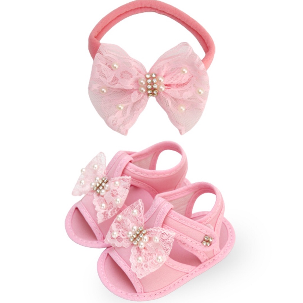 Sandália para Bebê e Faixa de Cabelo Bebê - kit Festa Passeio - Rn 0-8 meses