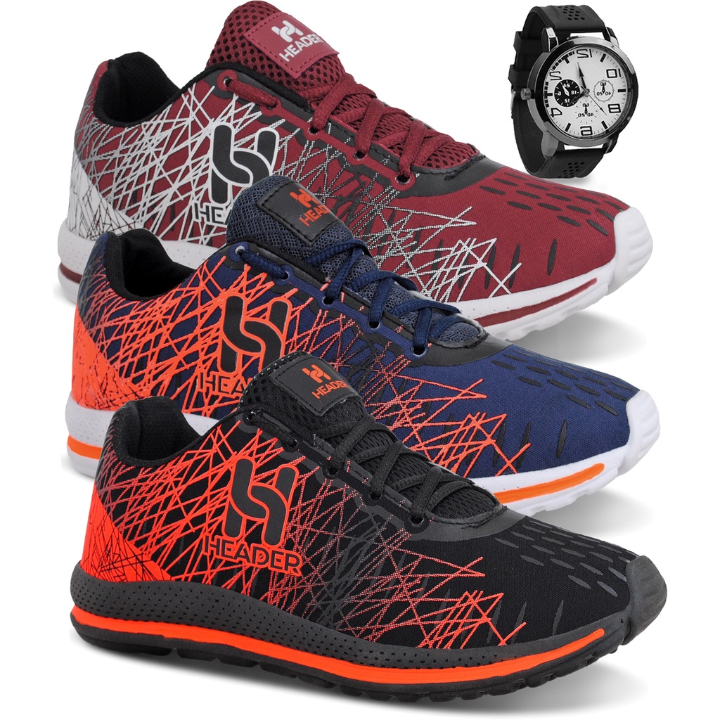 Kit 3 Tênis Masculino Header Spider Caminhada Academia Corrida Esporte + Relógio