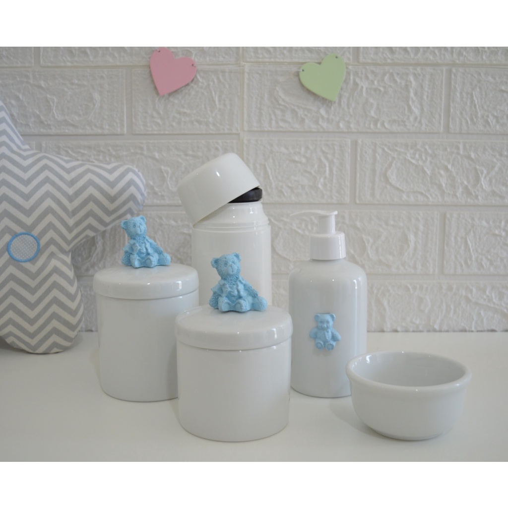 Kit Higiene Bebê Menino K084 Azul Maternidade Mini Térmica Banho Porcelanas Branca Quarto Bancada