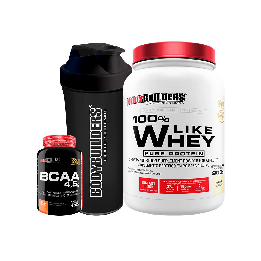 Kit 100% Like Whey Pure Protein 900g + BCAA 4,5 100g + Coqueteleira - Suplementos de Alta Performance para Potencializar seus Treinos na Academia - BodyBuilders