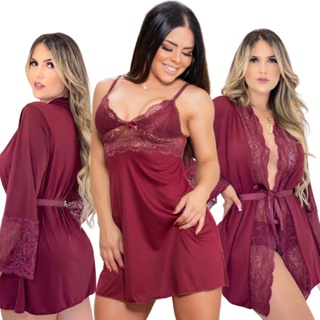 Kit de 1 camisola Sexy e 1 robe luxo de renda acompanha 2 calcinha fio dental em Oferta na Shopee