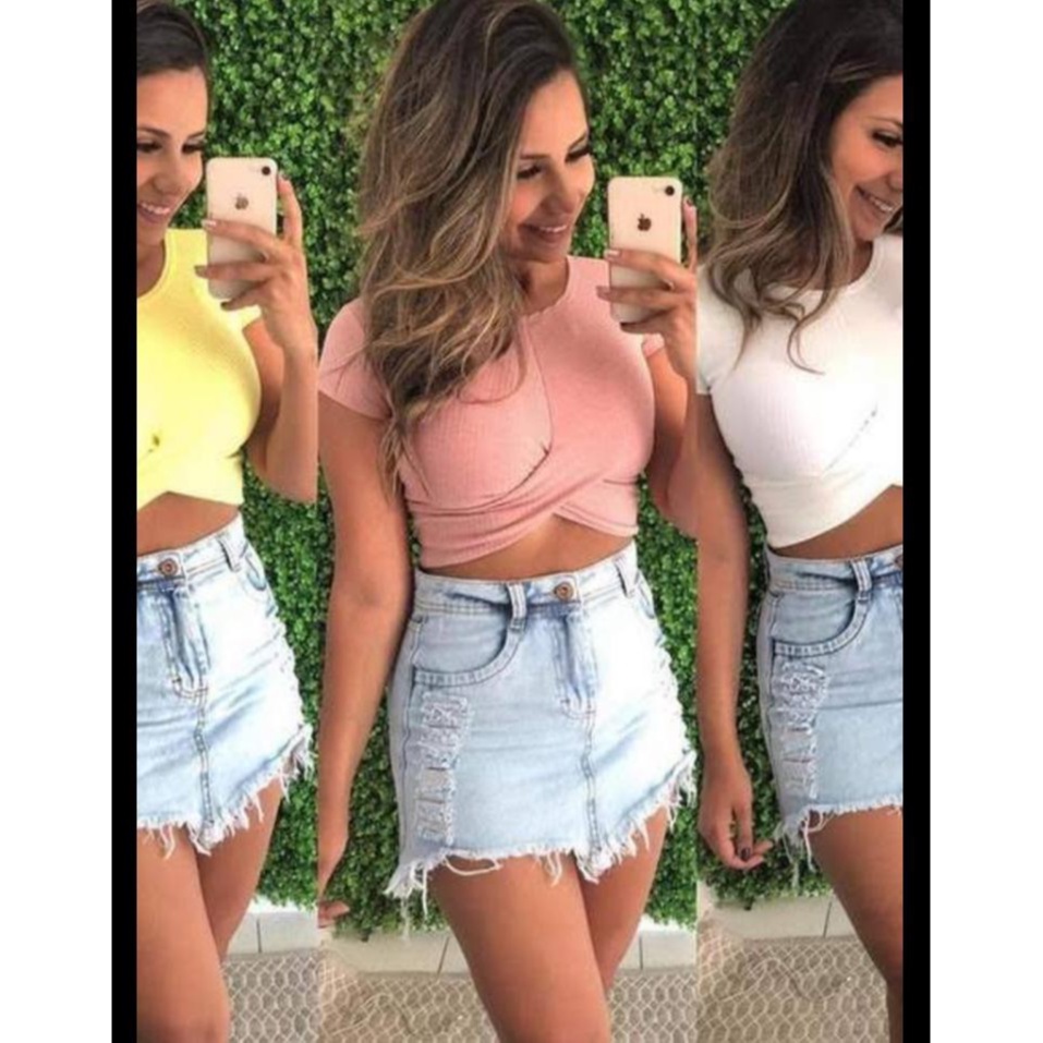 Blusa cropped feminino transpassado canelado manga curta elegante