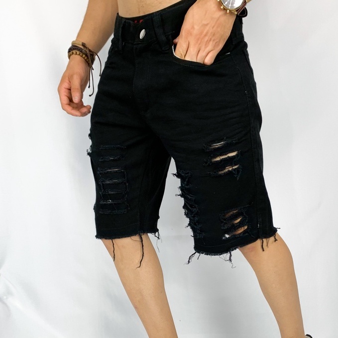 Bermuda Short Preto Destroyed Jeans Claro Destroyed semLycra ...