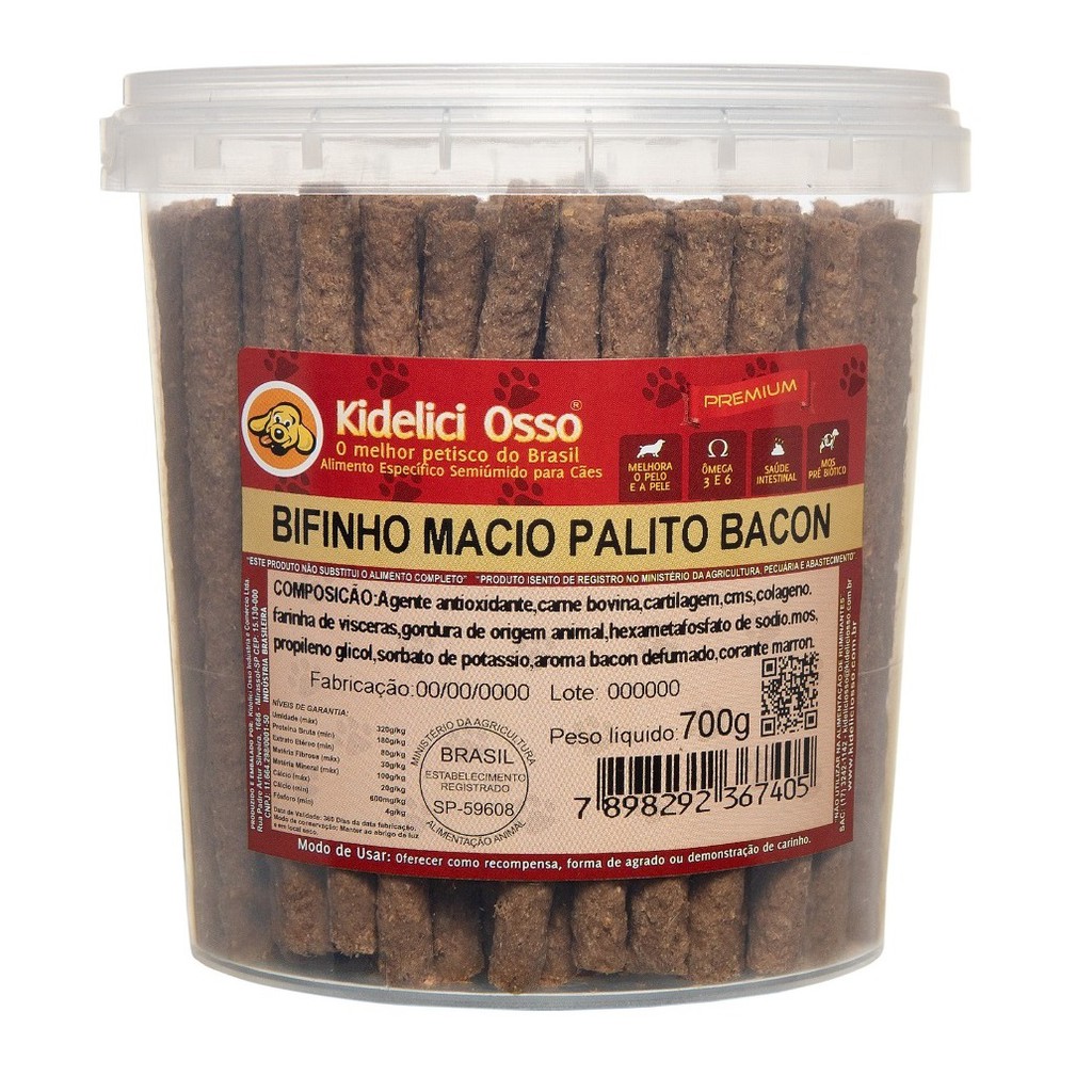 Bifinho Macio Palito - Kidelici Osso - Sabor Bacon - 700g (Pote)