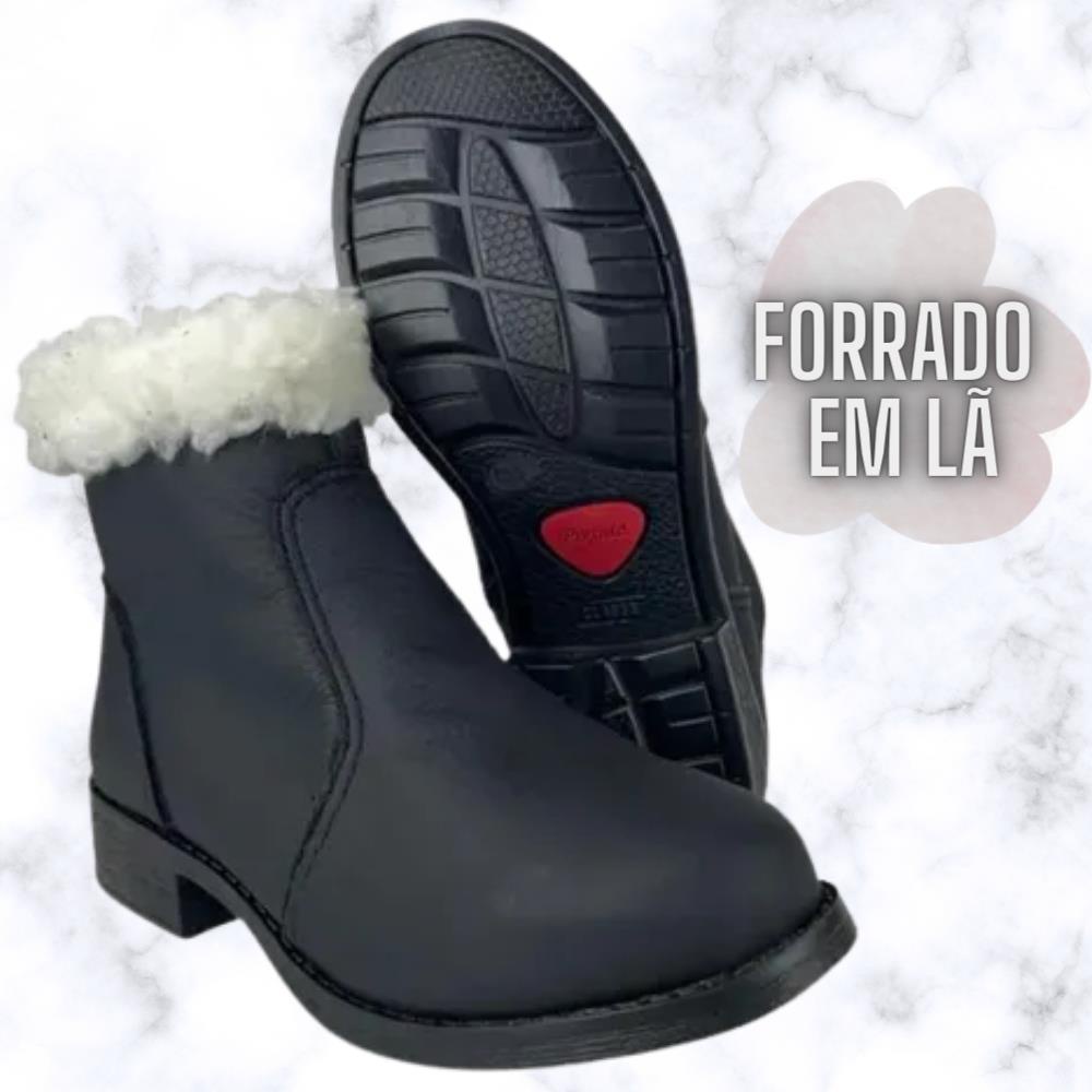 Botina Botinha Preta Feminina Angoneze Forrada em Lã Couro Legítimo Para Inverno Cano Curto - BKF. 2067
