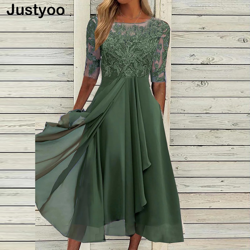 Novo Elegante Vestido De Festa Verde Feminino O Pescoço Renda Meia Manga  Vestidos De Bainha Para Mulheres Linha Sólida Boho Sexy Longo - Escorrega o  Preço