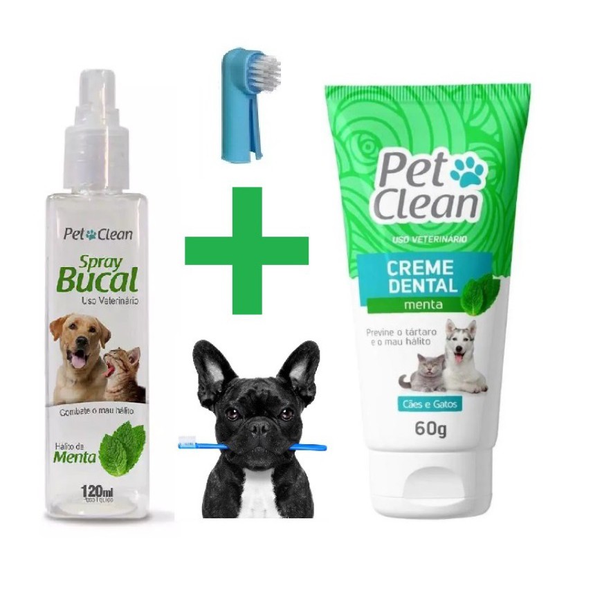 Kit Saúde Bucal Pet Pasta de Dente Creme Dental + Spray Bucal Menta Pet Clean + Escova Dedal (Saúde Bucal Higiene oral para cães e gatos)