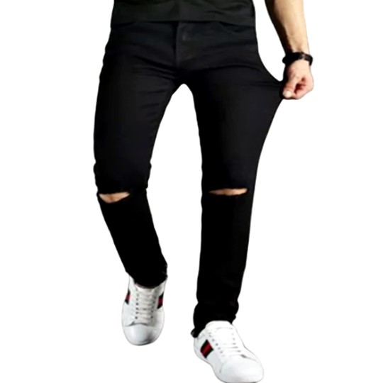 calça jeans preta masculina rasgado no joelho