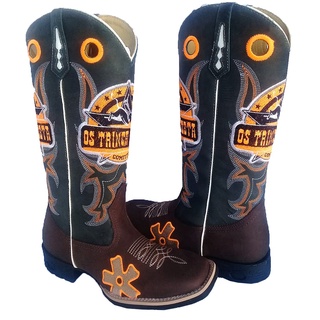 Bota Country Texana Masculina Couro Legitimo Cano Longo Os Trinca Rozeta Solado Borracha