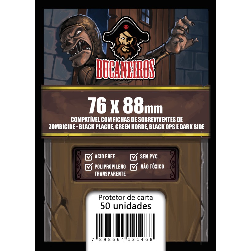 Sleeves Bucaneiros Customizados ZOMBICIDE - FICHAS DE SOBREVIVENTES 2a Edição/Black Plague/Green Horde/Black Ops/Dark Side/Invader (76 x 88 mm) C/50