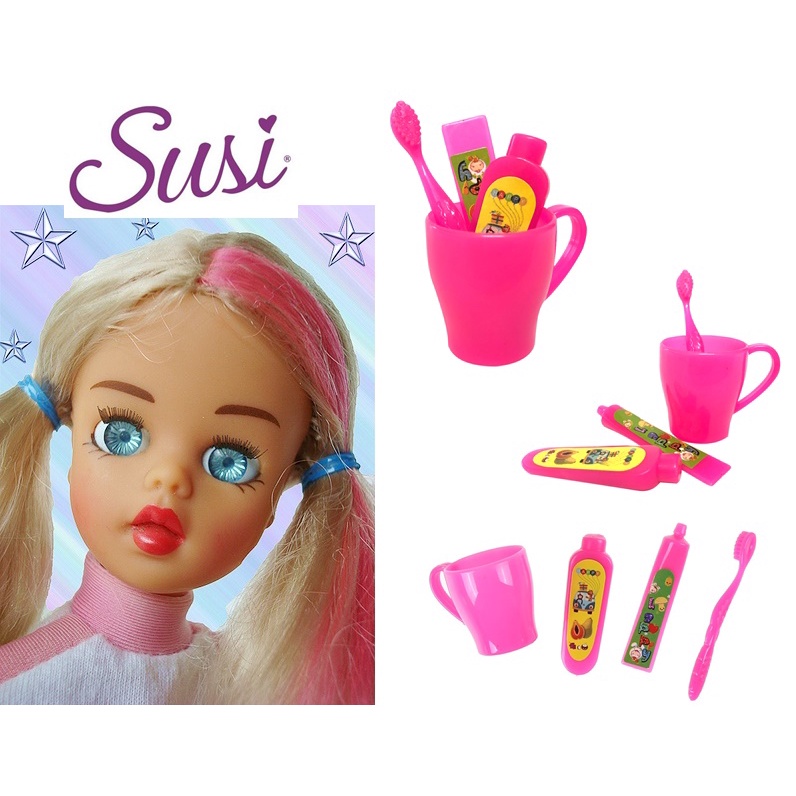 Kit Escovando os Dentes P/ Boneca Susi Antiga Acessórios Casa Banheiro 4 Peças Pasta Dente Escova Caneca Miniaturas