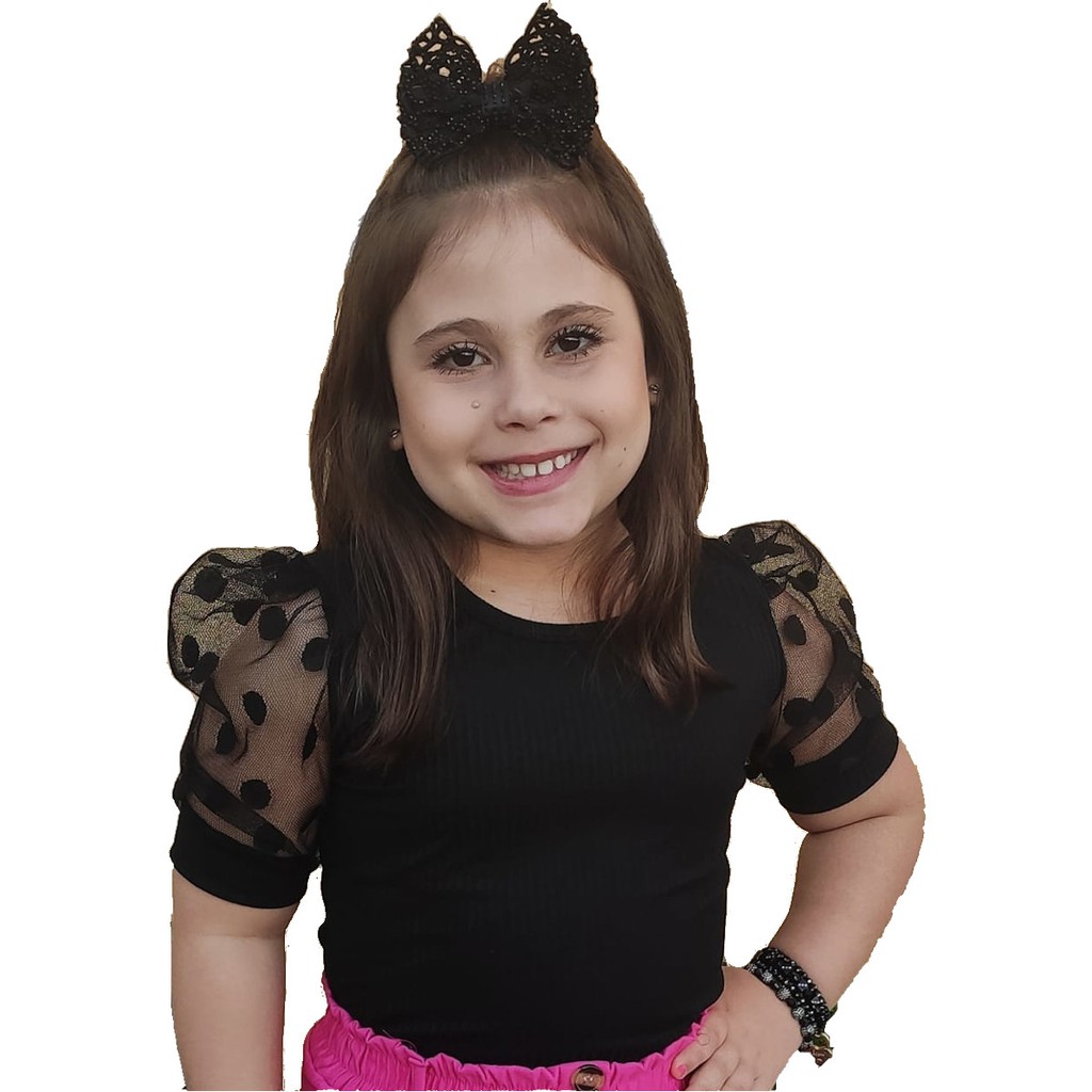 Blusa infantil manga curta bufante em tule moda mini diva blogueirinha em Oferta na Shopee