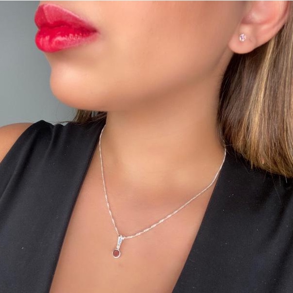 Conjunto feminino colar Veneziana + brinco em PRATA LEGITIMA 925 modelo rosa
