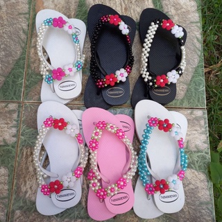 Kit 6 Chinelo Bordado Perolas Feminino Sandalia Dedo Branco Preto
