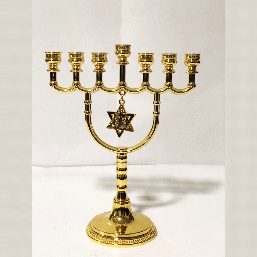 Candelabro Menorá Estrela Davi 7 Braços - Metal Dourado