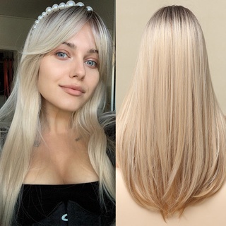 Long Straight Ombre Brown Blonde Synthetic Wigs with Side Bangs Cosplay Daily Wigs for Women Heat Resistant Fake Hair