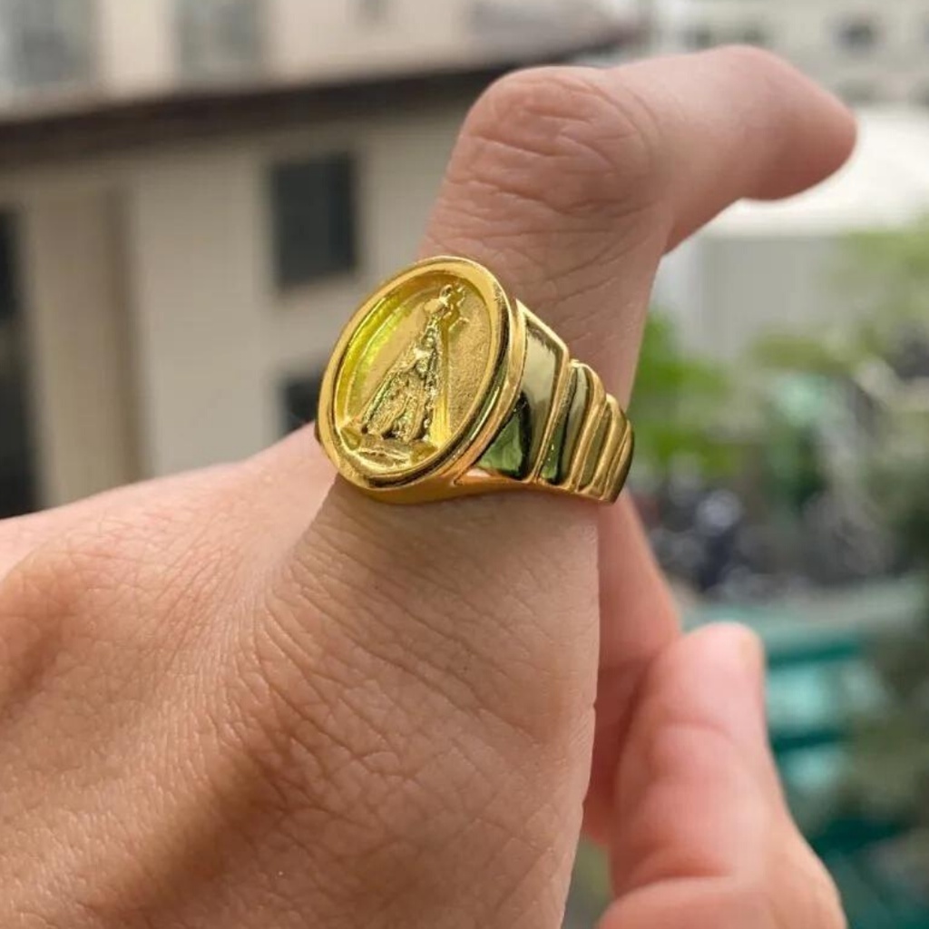 Anel Masculino de Ouro Nossa Senhora Banhado a Ouro 24k Dedeira