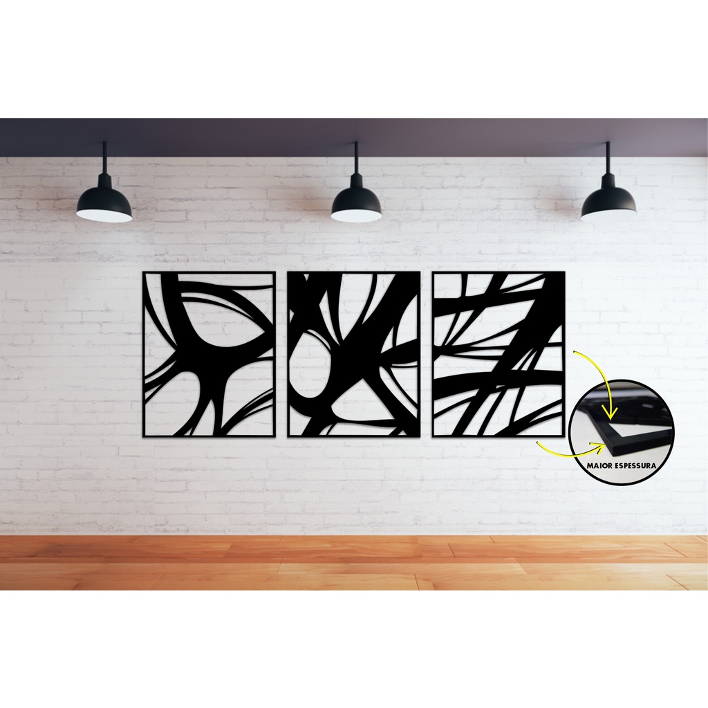 Quadro Decorativo Trio - Abstrato Moderno MDF 6mm Cortado a Laser - Vazado - Laqueado - 120x45