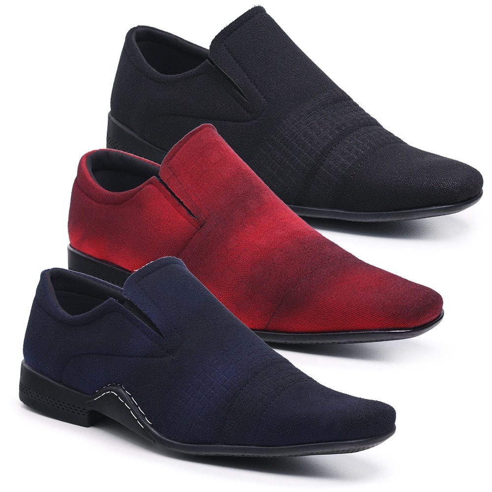 Kit 3 Pares de Sapato Social Masculino Camurça Preto/Vermelho/Azul Marinho