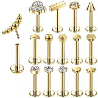 Piercing Labret pin push de plug Trágus, helix estrela, coração, lua, sol aço cirúrgico PVD Gold