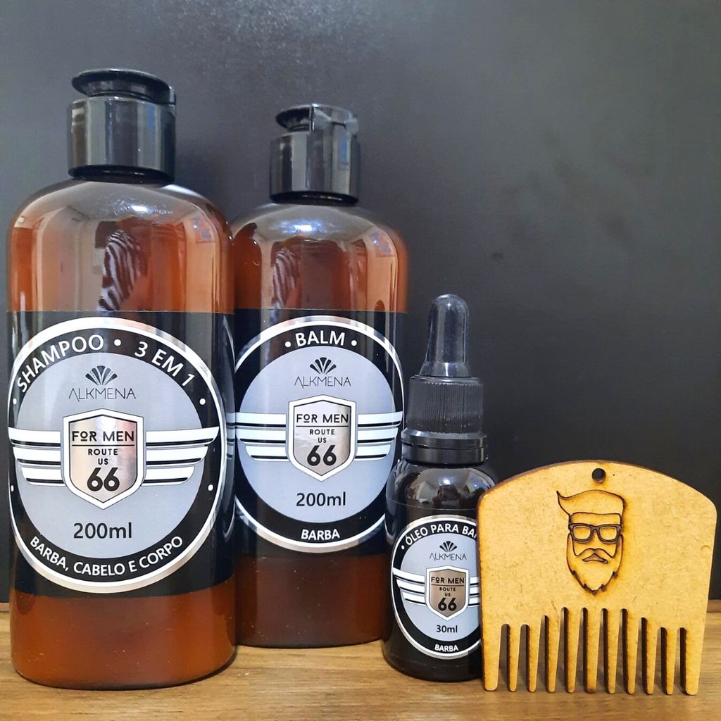 Kit Balm, Óleo para Barba, Shampoo 3x1 e Pente de Madeira para barba Route US 66 - Alkmena