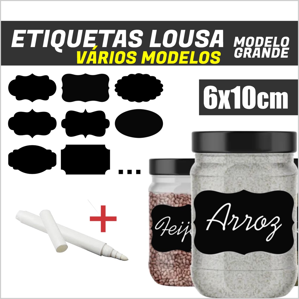 24 etiquetas lousa adesivas grande para potes, vidros e temperos + 1 caneta giz liquida branca
