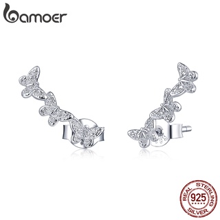 bamoer Genuine 925 Sterling Silver Three Butterfly Insect Long Stud Earrings for Women Push Back Ear Pins Studs Jewelry BSE377