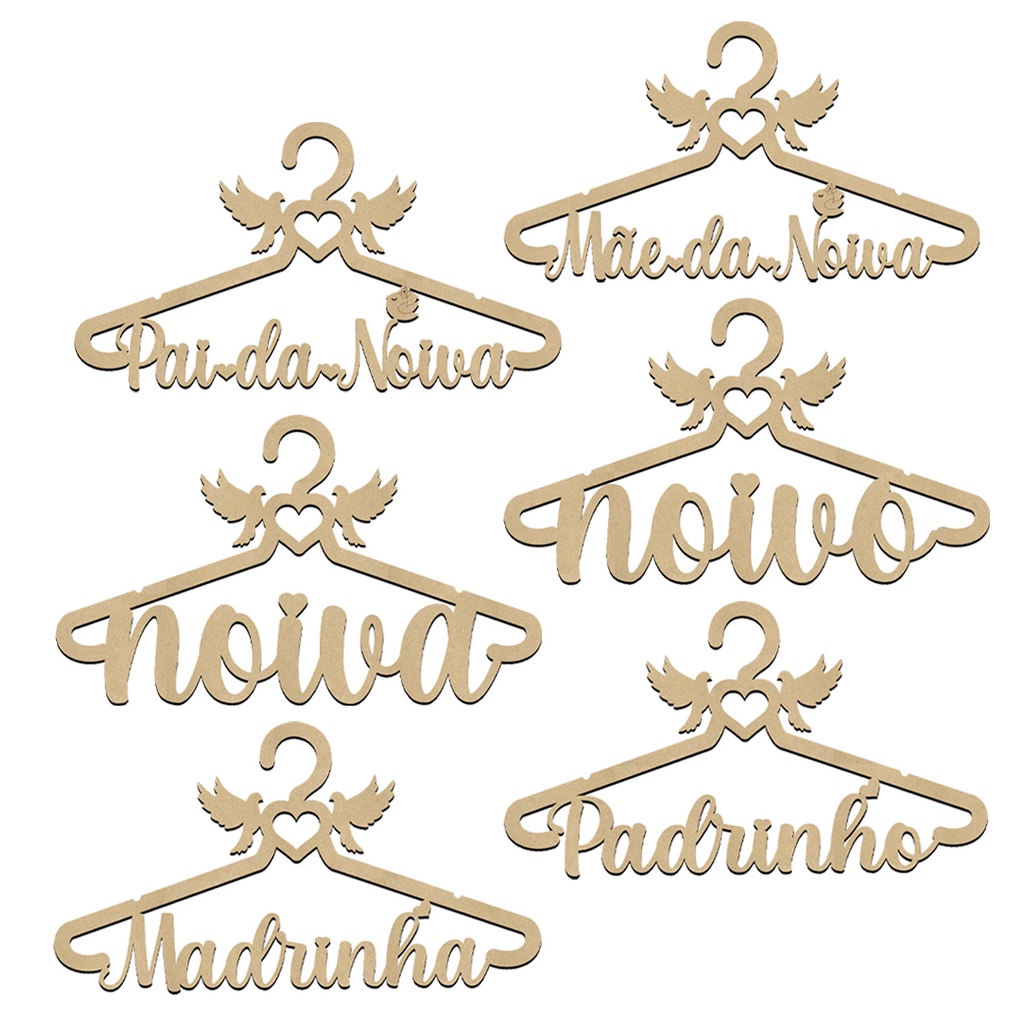 Cabide Casamento Vários Modelos no MDF CRÚ Casamento Festa Organização Lembrancinha Vestidos Artesanato Madrinha Padrinho Vestido Gravata Noivinhos Noiva Noivo Pai da Noiva Mãe da Noiva Pai do Noivo Mãe do Noivo