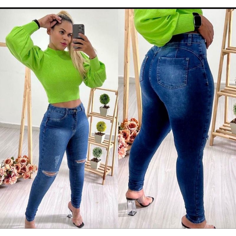 calça jeans skinny feminina cintura alta rasgado no joelho com lycra levanta bumbum wissam jeans