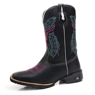 Bota Texana Feminina Rodeio Em Couro Preto Bordado Boi Rosa Bico Quadrado RR Botas