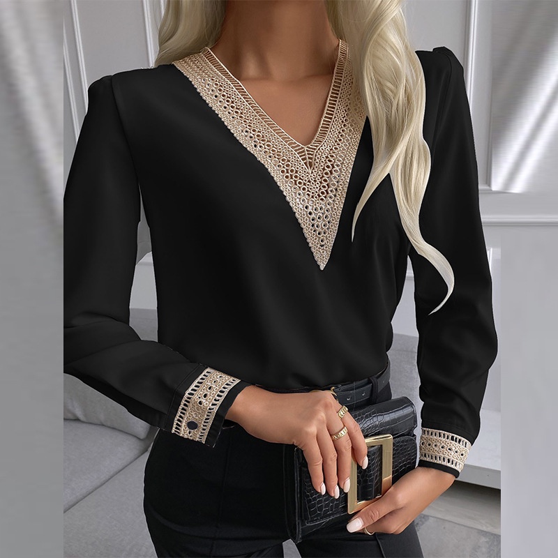 Blusa E Camisa Feminina Manga Longa De Moda Elegante Branca De Outono Senhoras Costura Colarinho De Renda V Casual Social Feminino Blusas Camisas