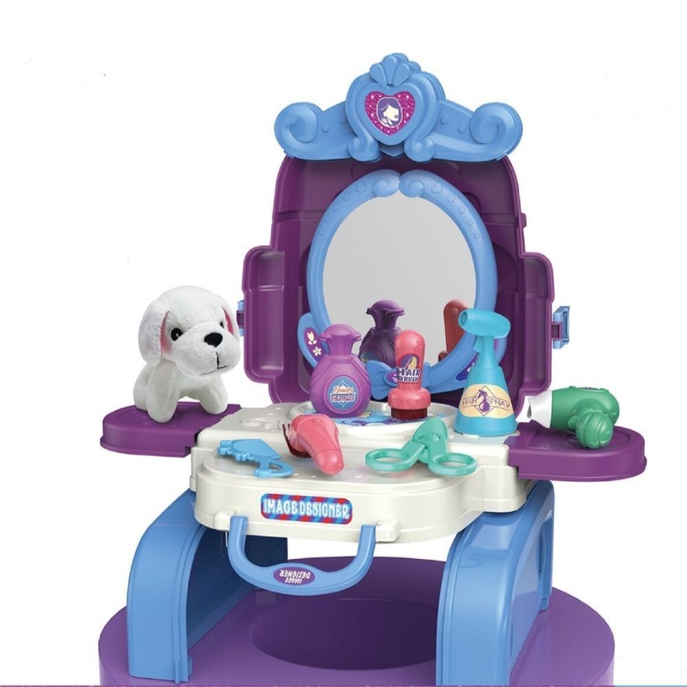 Kit Penteadeira Banho e Tosa Pet Brinquedo Infantil 2 em 1 Vira Mochila Interativo Criança Cuidar