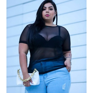 Blusa Feminina Manga Curta De Tule Plus Size em Oferta na Shopee