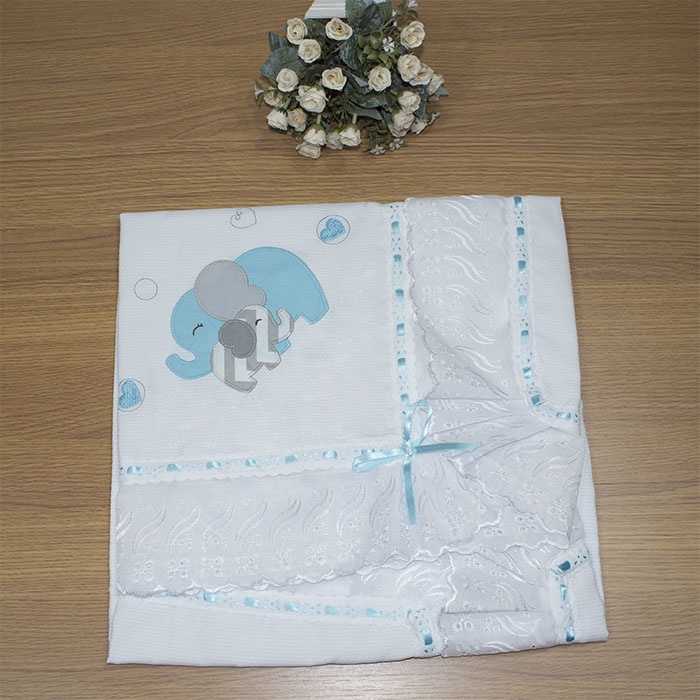 Manta Bebê Luxo Piquet Elefante Chevron Tiffany Bordada Forrada - Lese - Tecido 100% Algodão