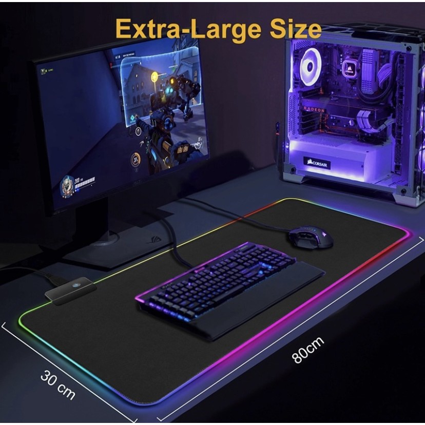 Mouse pad Gamer Led Rgb 7 Cores Tamanho Grande 80 X 30cm Usb