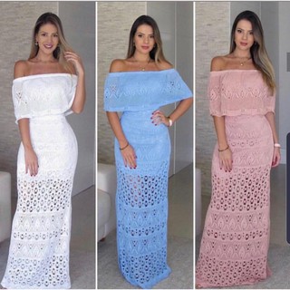 Vestido longo de tricot para chá de bebê revelação e ensaio casamento