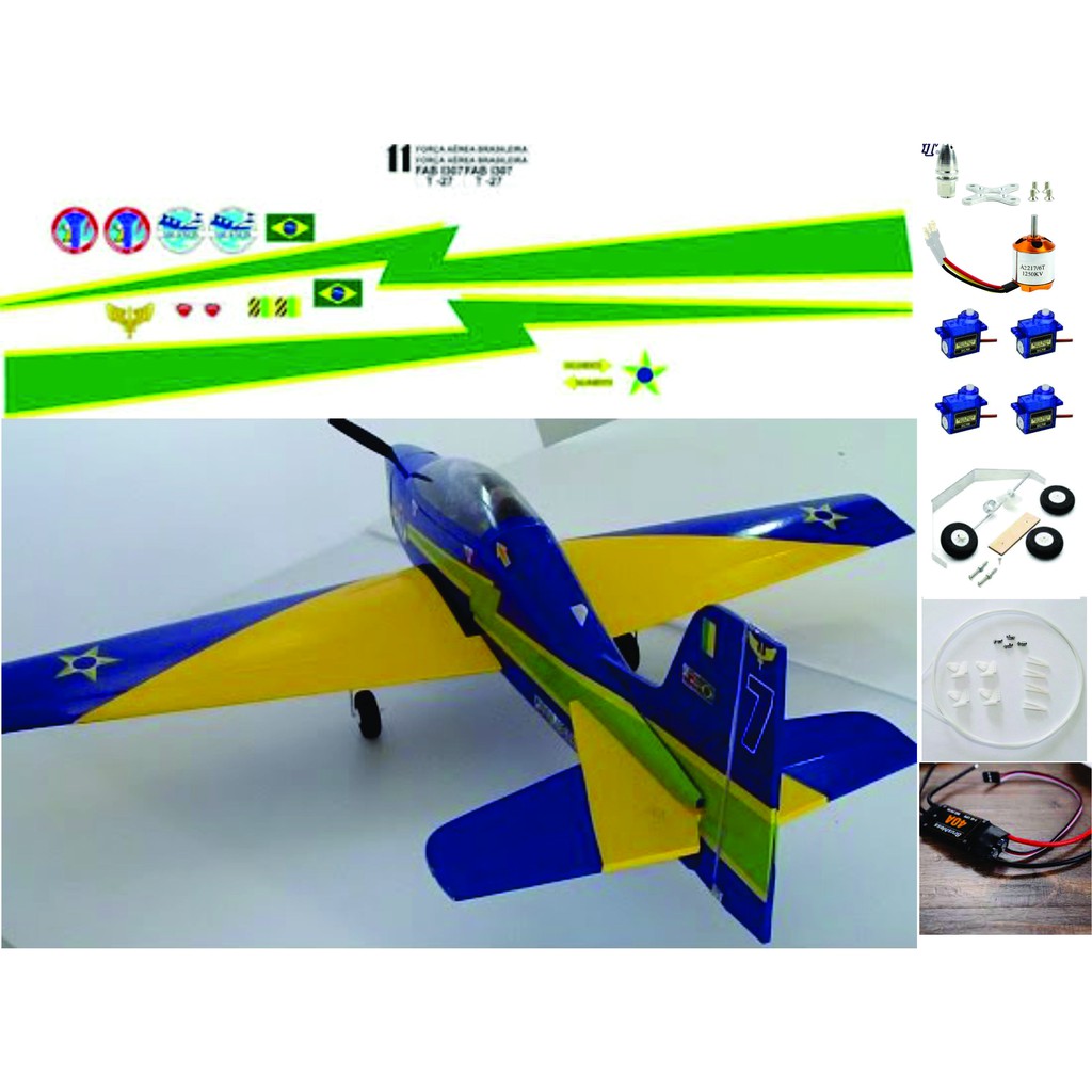 aeromodelo tucano t27 kit para monta + trem de pouso + motor + esc 30a + servos + links + adesivos