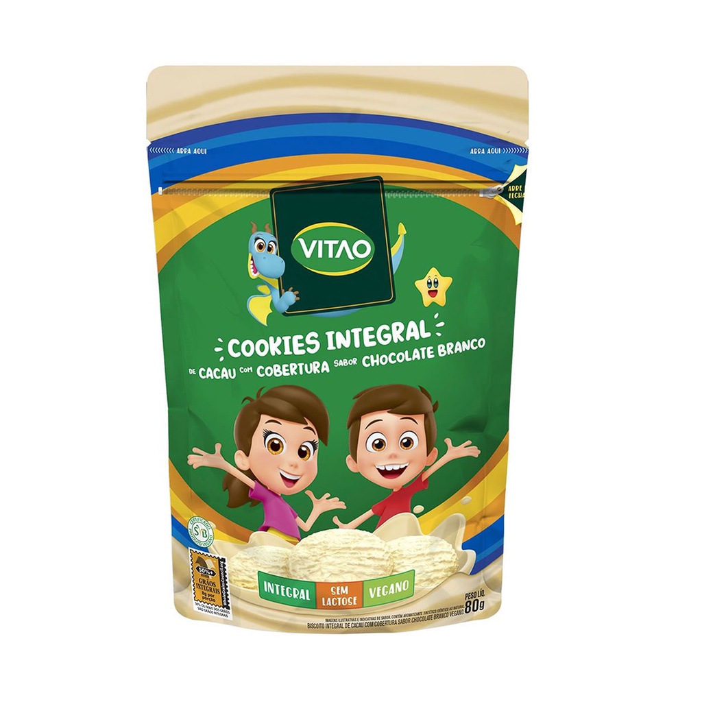 Cookies Integral de Cacau com Cobertura de Chocolate Branco Sem Lactose Kids 80g - Vitao em Oferta na Shopee