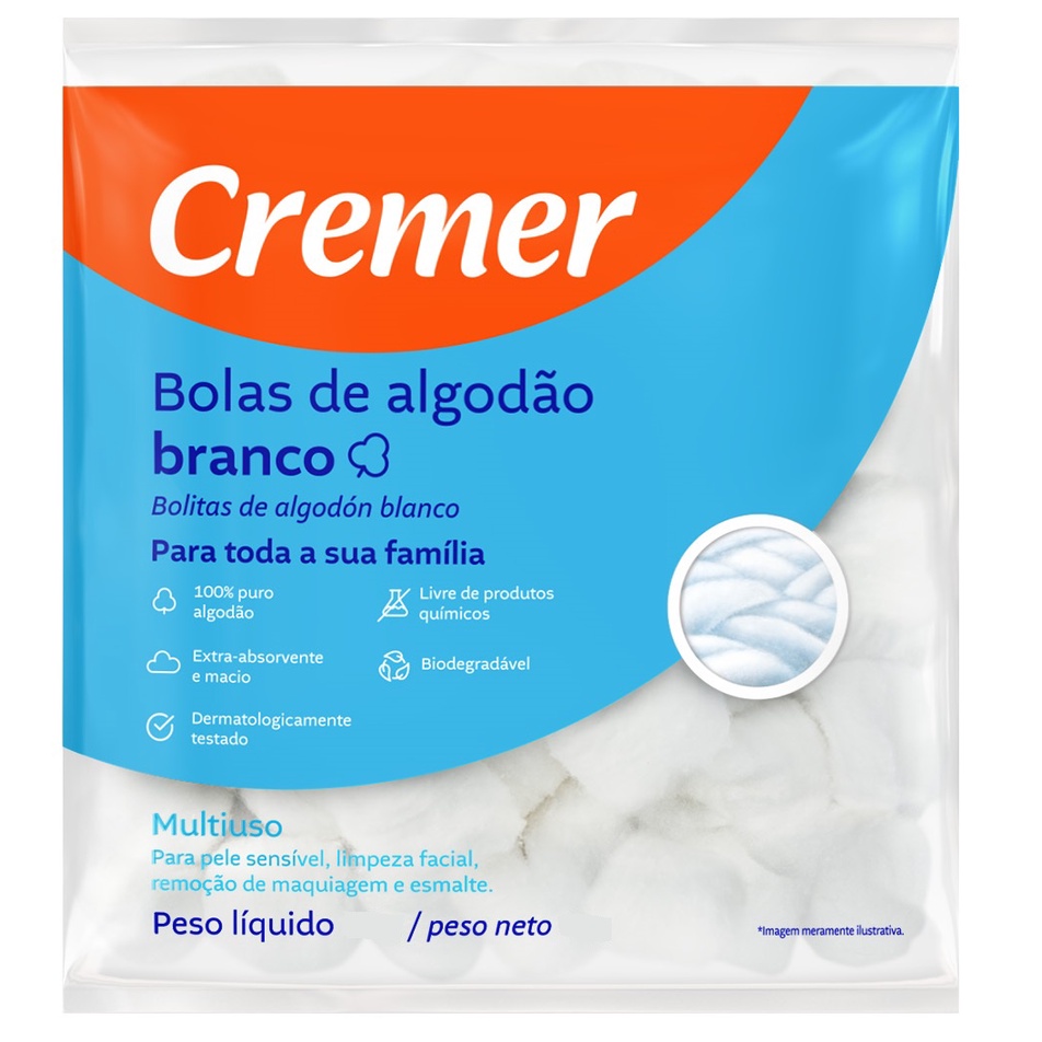 Bolas de Algodão Cremer 95g 100% puro algodão Extra absorvente e macio Livre de produtos químicos Dermatologicamente testado Biodegradável Multiuso